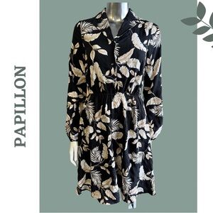 Papillon Mini Dress Elastoc Waist Long Sleeve Foliage Pront Black Tan Collar